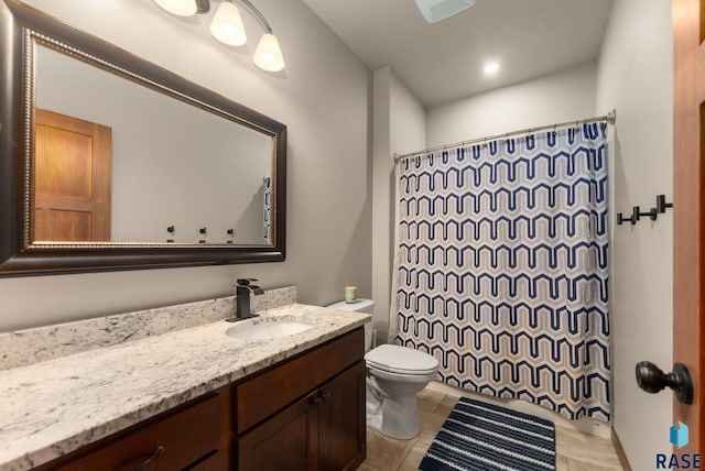 5508 S Sirocco Ave, Sioux Falls, SD 57108 - bathroom with curtained shower, toilet, vanity, and tile patterned floors