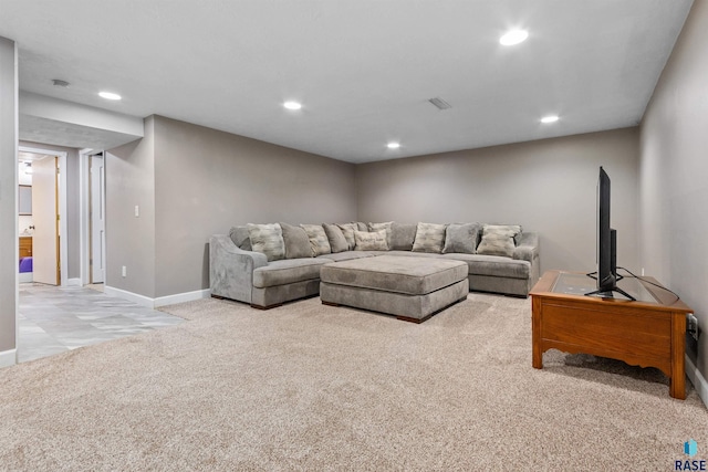 living room featuring recessed lighting, carpet, visible vents, and baseboards
