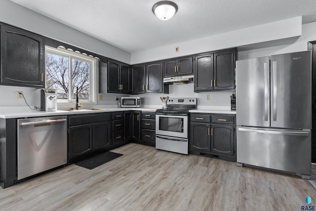 kitchen with light countertops, under cabinet range hood, light wood-style floors, and appliances with stainless steel finishes