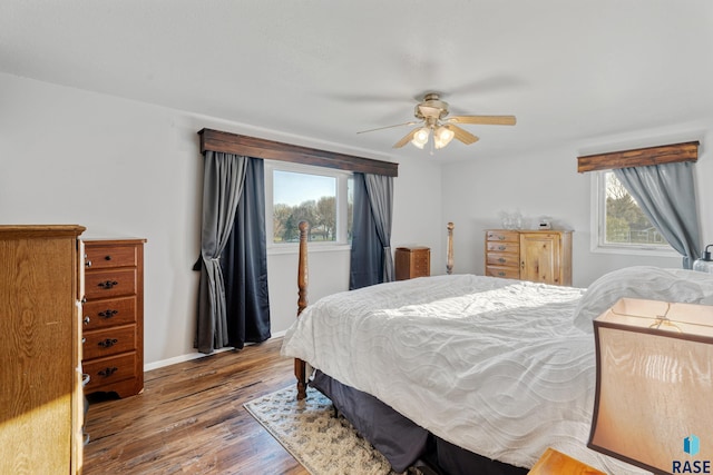 bedroom with baseboards, wood finished floors, ceiling fan, and multiple windows
