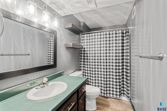 bathroom with wood finished floors, toilet, vanity, and a shower with curtain