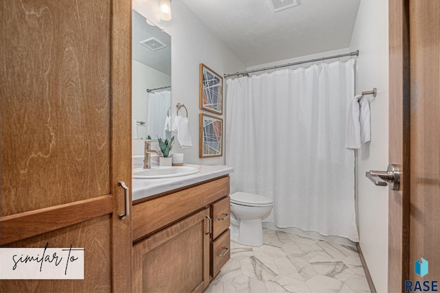 full bathroom with marble finish floor, toilet, vanity, and visible vents