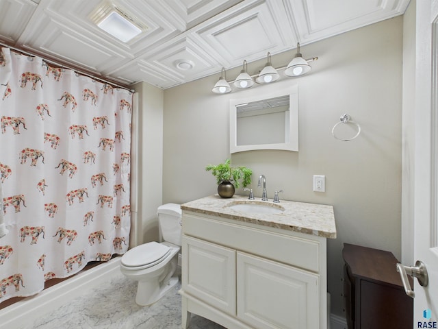 bathroom with a shower with shower curtain, toilet, vanity, and marble finish floor