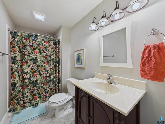 bathroom with toilet, vanity, and a shower with shower curtain