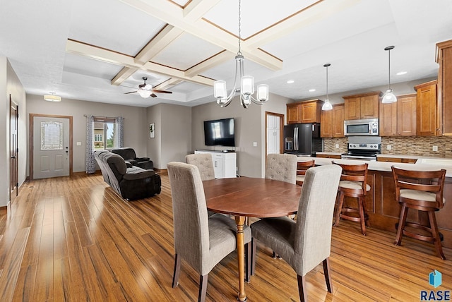 501 Taylor Dr, Tea, SD 57064 - dining room featuring coffered ceiling, beam ceiling, light wood-type flooring, recessed lighting, and a ceiling fan