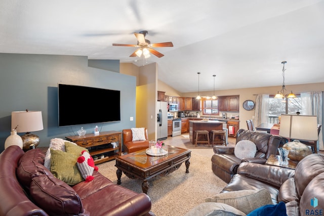 2010 S Barret Pl, Sioux Falls, SD 57106 - living area featuring lofted ceiling, light colored carpet, and ceiling fan