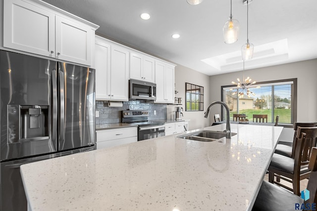 1917 S Firefly Dr, Sioux Falls, SD 57110 - kitchen featuring a skylight, an inviting chandelier, stainless steel appliances, a sink, and a tray ceiling