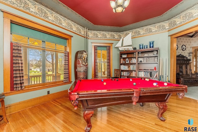 recreation room featuring baseboards, wallpapered walls, wood finished floors, and pool table