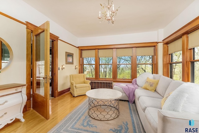 living area featuring a chandelier, radiator heating unit, light wood-type flooring, and baseboards