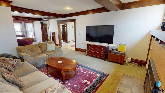 712 6th St, Brookings, SD 57006 - carpeted living room featuring baseboard heating, baseboards, beamed ceiling, and a baseboard heating unit