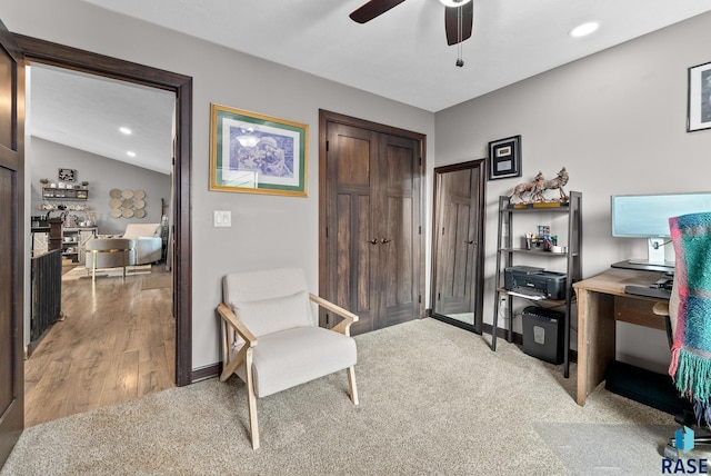 sitting room with ceiling fan, recessed lighting, and baseboards