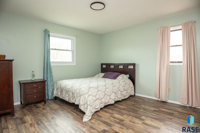 bedroom with baseboards, multiple windows, and wood finished floors