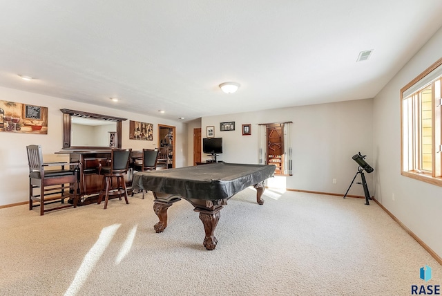 game room featuring visible vents, billiards, carpet flooring, and baseboards