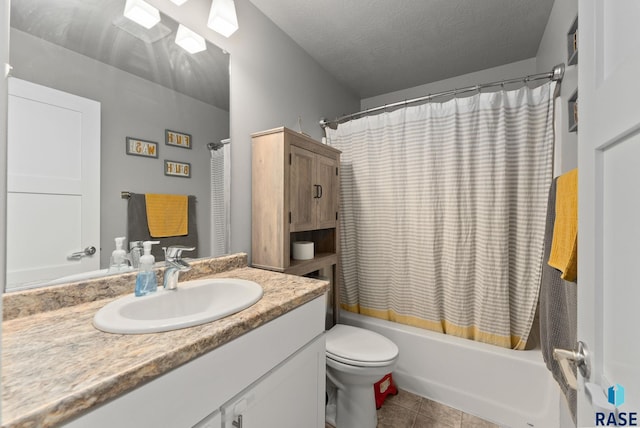 bathroom with tile patterned flooring, shower / tub combo with curtain, toilet, and vanity