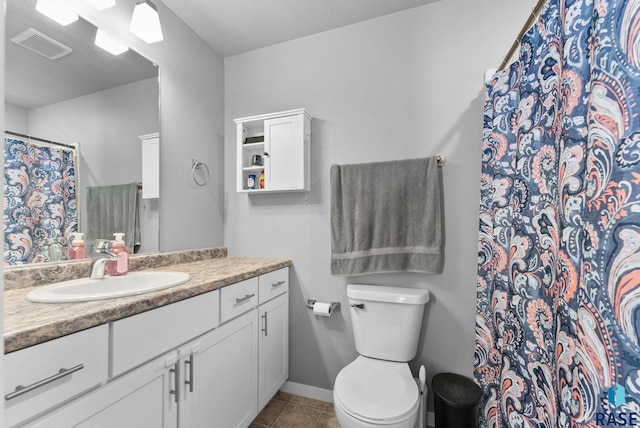 full bathroom with visible vents, baseboards, toilet, tile patterned floors, and vanity