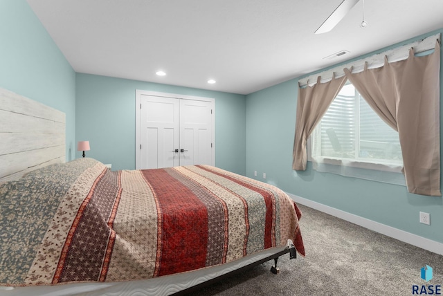 bedroom with recessed lighting, a closet, carpet, baseboards, and visible vents