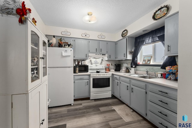 505 E 4th St, Canton, SD 57013 - kitchen featuring gray cabinetry, white appliances, exhaust hood, and a sink