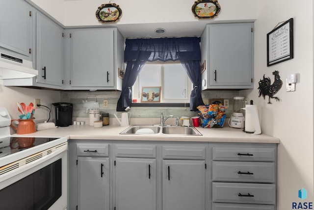 505 E 4th St, Canton, SD 57013 - kitchen with white electric stove, exhaust hood, light countertops, and a sink