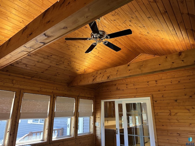 details with a ceiling fan, wood walls, and wooden ceiling