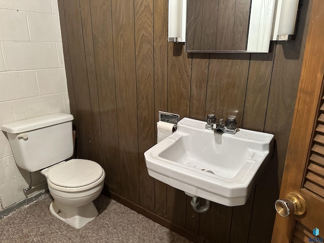 bathroom featuring a sink, wood walls, and toilet
