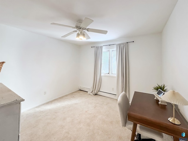 home office with a ceiling fan, baseboards, light carpet, and a baseboard radiator
