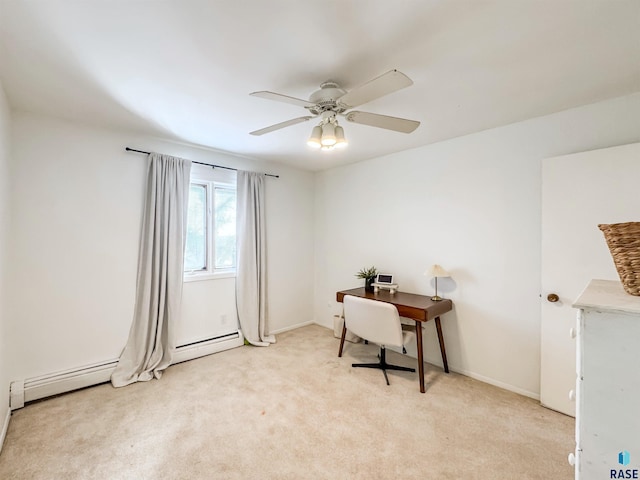 home office featuring baseboards, light carpet, a ceiling fan, and a baseboard heating unit