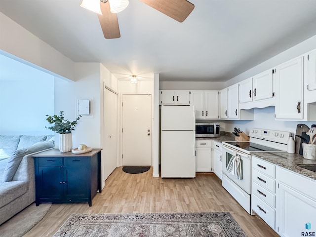 kitchen with white appliances, ceiling fan, light wood-style flooring, and white cabinets