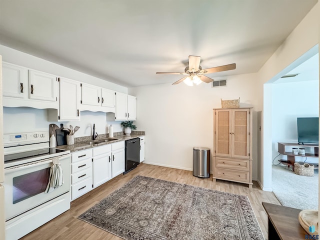 kitchen with white cabinets, ceiling fan, a sink, white range with electric cooktop, and black dishwasher