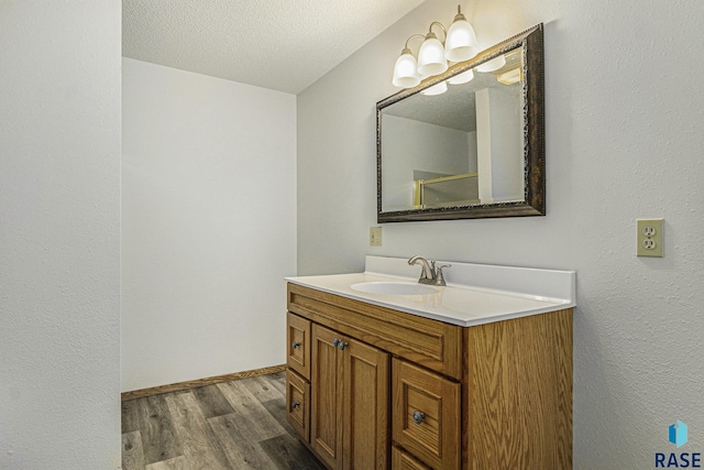 bathroom featuring vanity, a textured ceiling, and wood finished floors