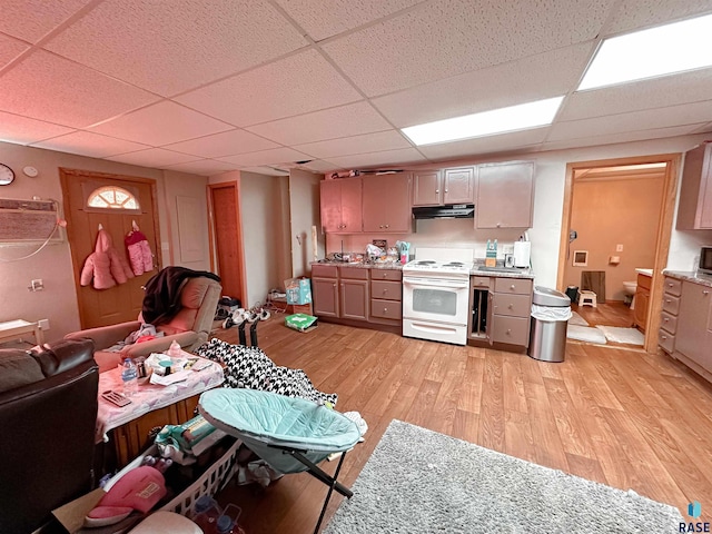 120 SW 2nd St Unit 1 & 2, Wentworth, SD 57075 - kitchen featuring electric range, light countertops, under cabinet range hood, a drop ceiling, and light wood-style flooring