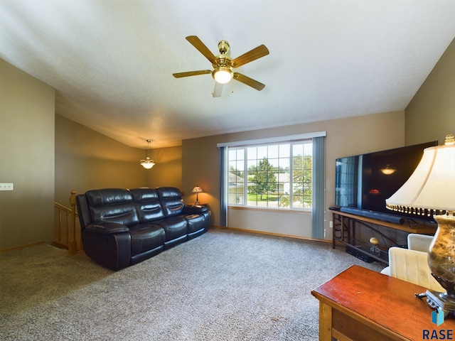 301 W Hackberry St, Brandon, SD 57005 - living area featuring carpet flooring, ceiling fan, baseboards, and lofted ceiling