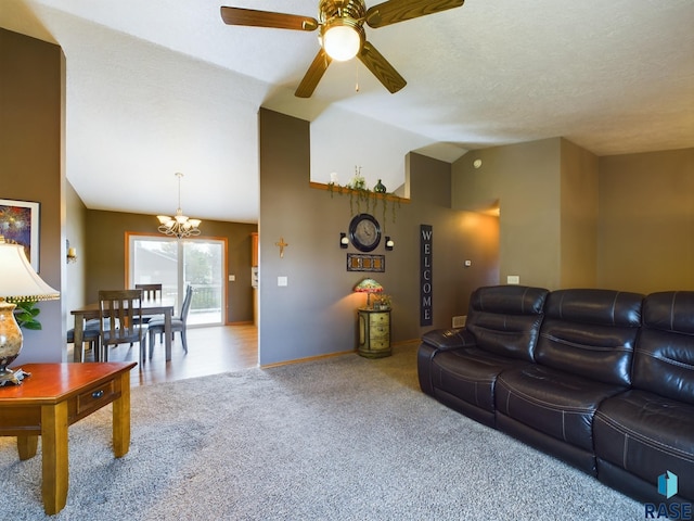 301 W Hackberry St, Brandon, SD 57005 - carpeted living area with baseboards, ceiling fan with notable chandelier, and lofted ceiling