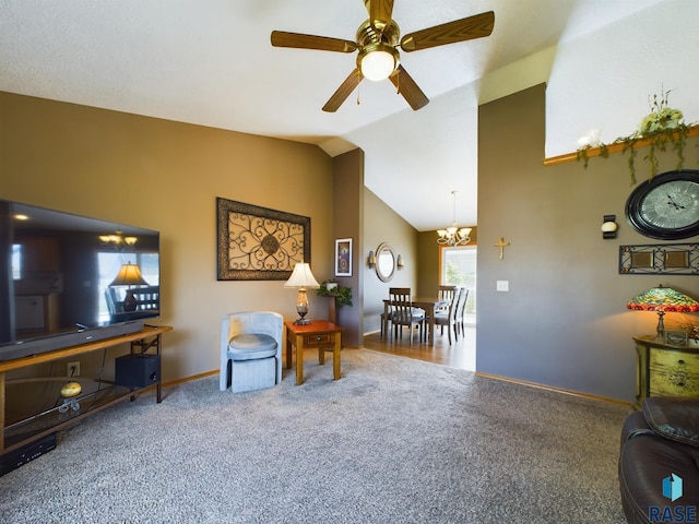 301 W Hackberry St, Brandon, SD 57005 - sitting room with carpet floors, baseboards, ceiling fan with notable chandelier, and lofted ceiling