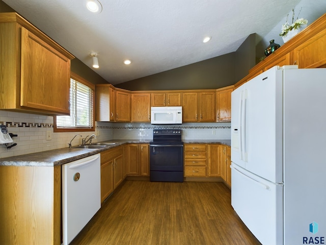 301 W Hackberry St, Brandon, SD 57005 - kitchen featuring a sink, white appliances, lofted ceiling, tasteful backsplash, and dark wood-type flooring