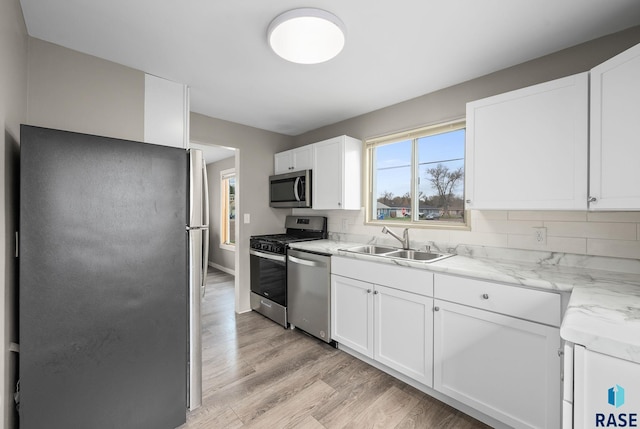 kitchen with a sink, appliances with stainless steel finishes, decorative backsplash, and white cabinetry