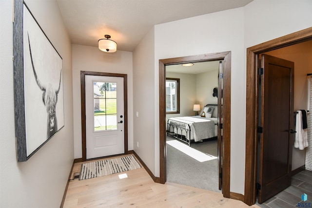 foyer with baseboards and wood finished floors