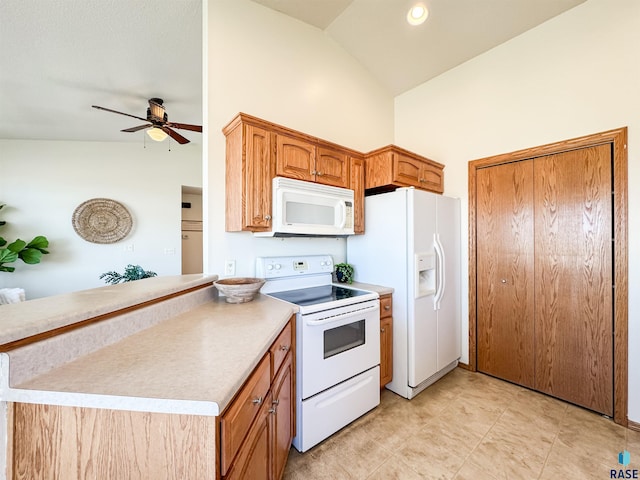 kitchen featuring white appliances, ceiling fan, high vaulted ceiling, light countertops, and brown cabinets