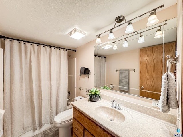 full bathroom featuring vanity, toilet, a textured ceiling, and shower / bath combination with curtain