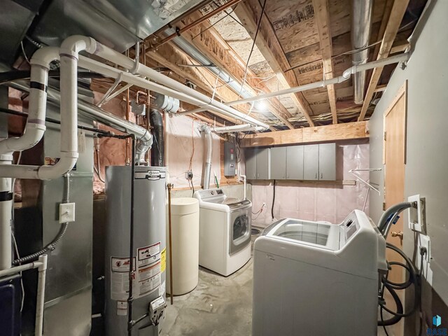 laundry room featuring electric panel, gas water heater, independent washer and dryer, and laundry area