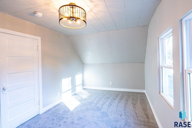 additional living space with baseboards, carpet flooring, and lofted ceiling