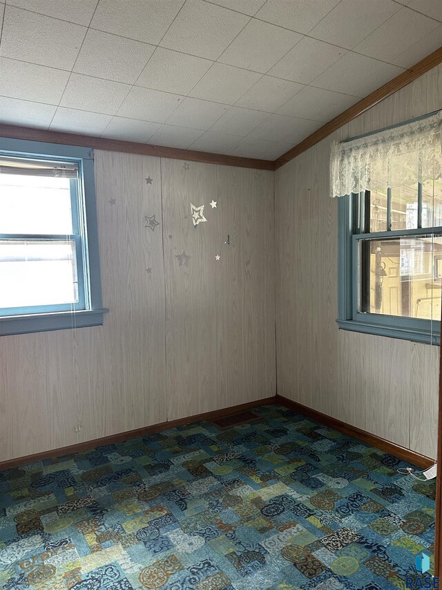spare room featuring crown molding, wooden walls, and dark colored carpet