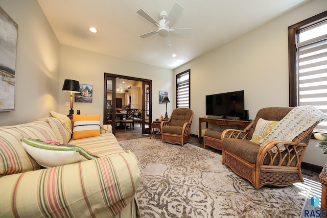 living area featuring recessed lighting, ceiling fan, and wood finished floors