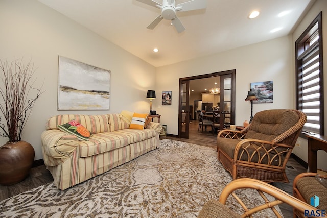 living room with recessed lighting, baseboards, ceiling fan, and wood finished floors