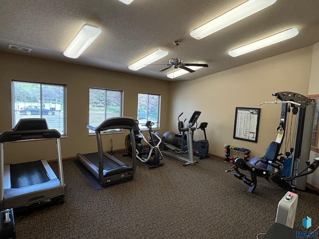 workout area with visible vents, a textured ceiling, carpet floors, and a healthy amount of sunlight