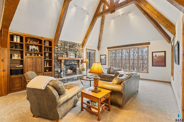1705 N Deer Hollow Cir, Sioux Falls, SD 57110 - living area with beamed ceiling, track lighting, light carpet, and a fireplace