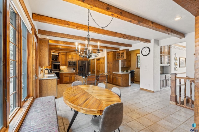 1705 N Deer Hollow Cir, Sioux Falls, SD 57110 - dining area with an inviting chandelier, beam ceiling, baseboards, recessed lighting, and light tile patterned floors