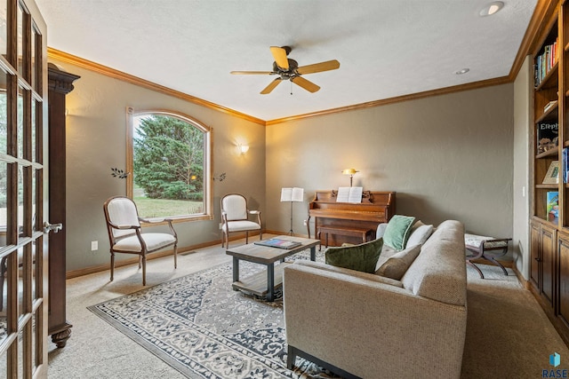1705 N Deer Hollow Cir, Sioux Falls, SD 57110 - carpeted living room featuring baseboards, a ceiling fan, and ornamental molding