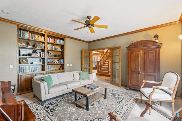 1705 N Deer Hollow Cir, Sioux Falls, SD 57110 - living room with a ceiling fan, light colored carpet, stairway, baseboards, and ornamental molding