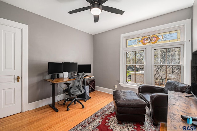 office space featuring baseboards, ceiling fan, and light wood-type flooring