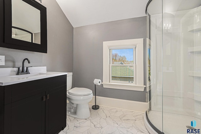 full bath with marble finish floor, lofted ceiling, a stall shower, and toilet